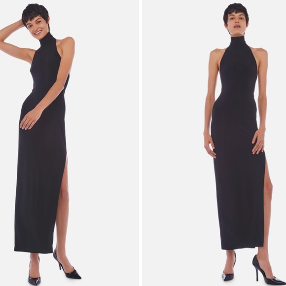 Navy Blue Halter Turtle Side Slit Gown - Picture 3 of 3